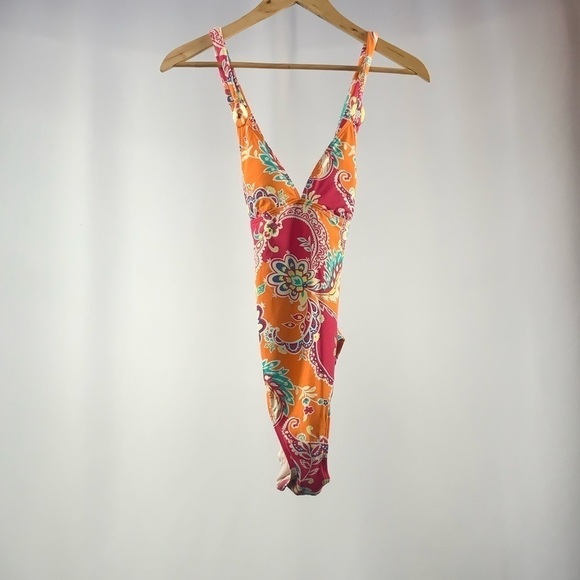 Lauren Ralph Lauren Floral V Neck One Piece‎ Swimsuit in Orange Pink Size 8 - Picture 1 of 4